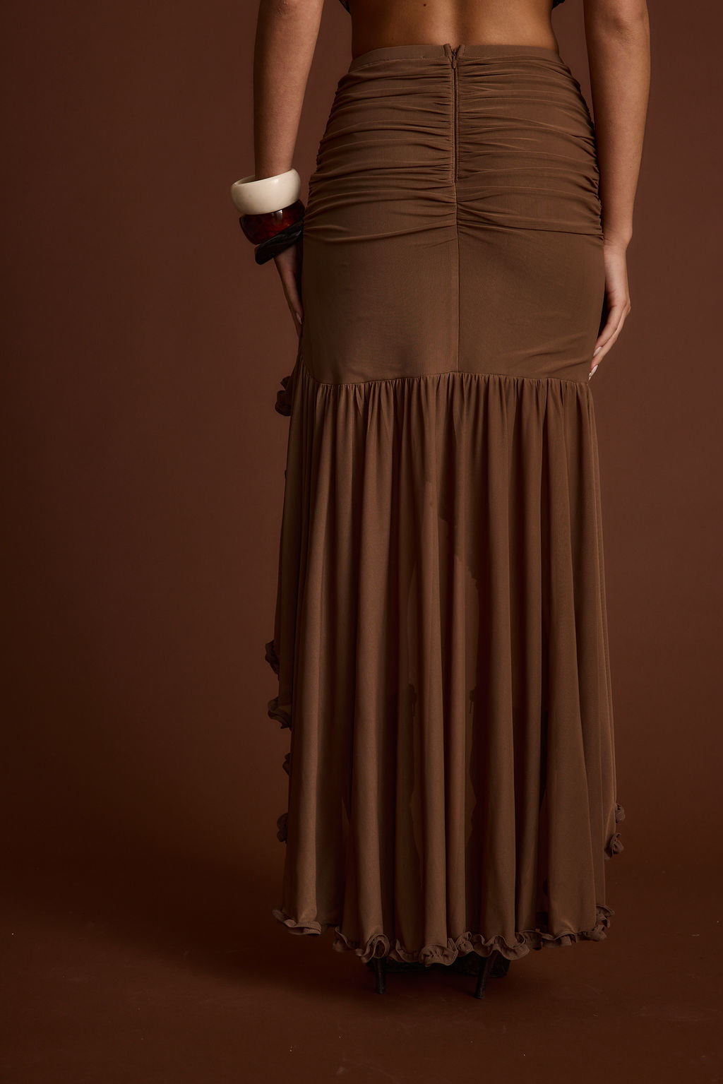 Evanna Brown High Low Ruffle Mesh Maxi Skirt