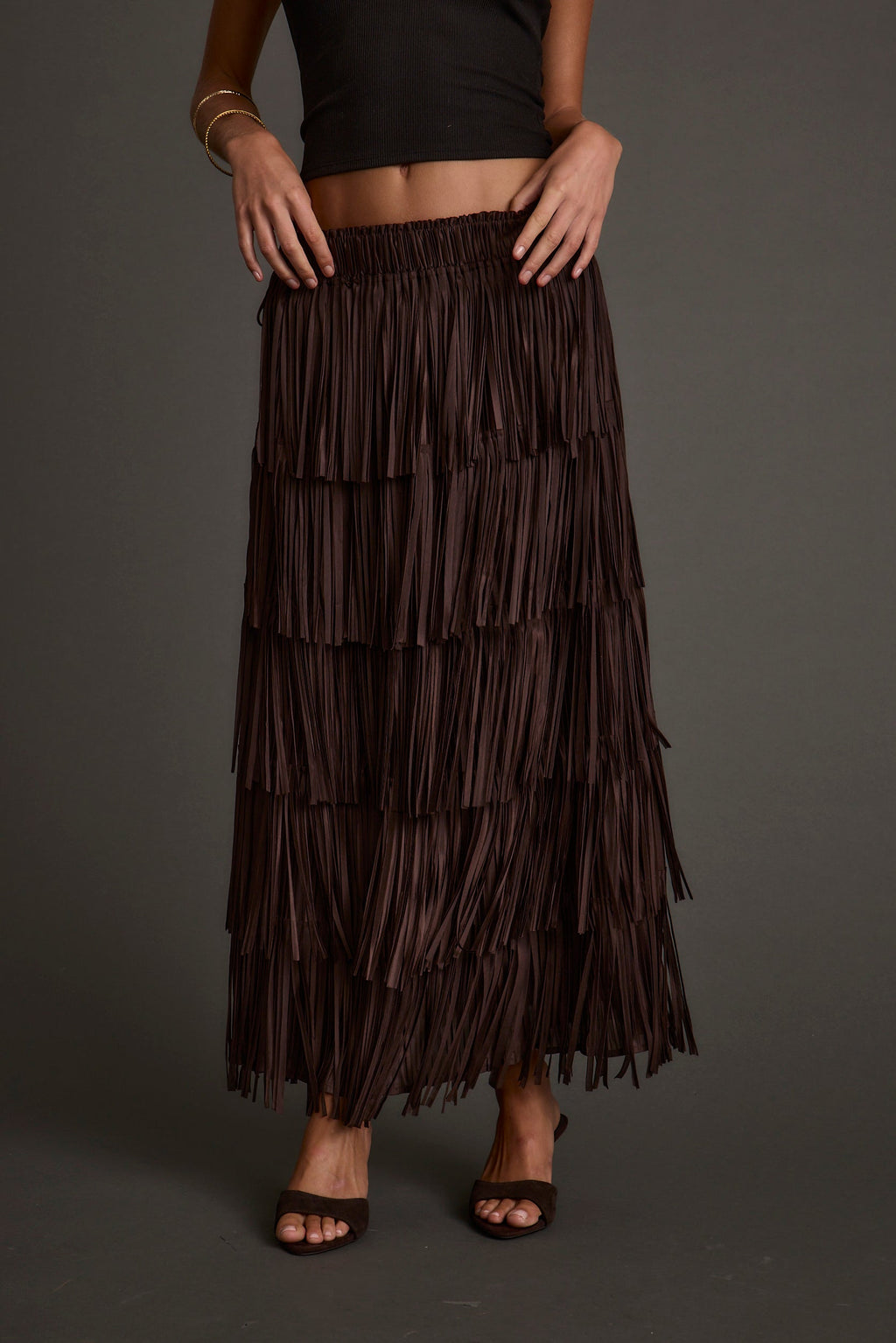 Eliza Espresso Fringe Maxi Skirt