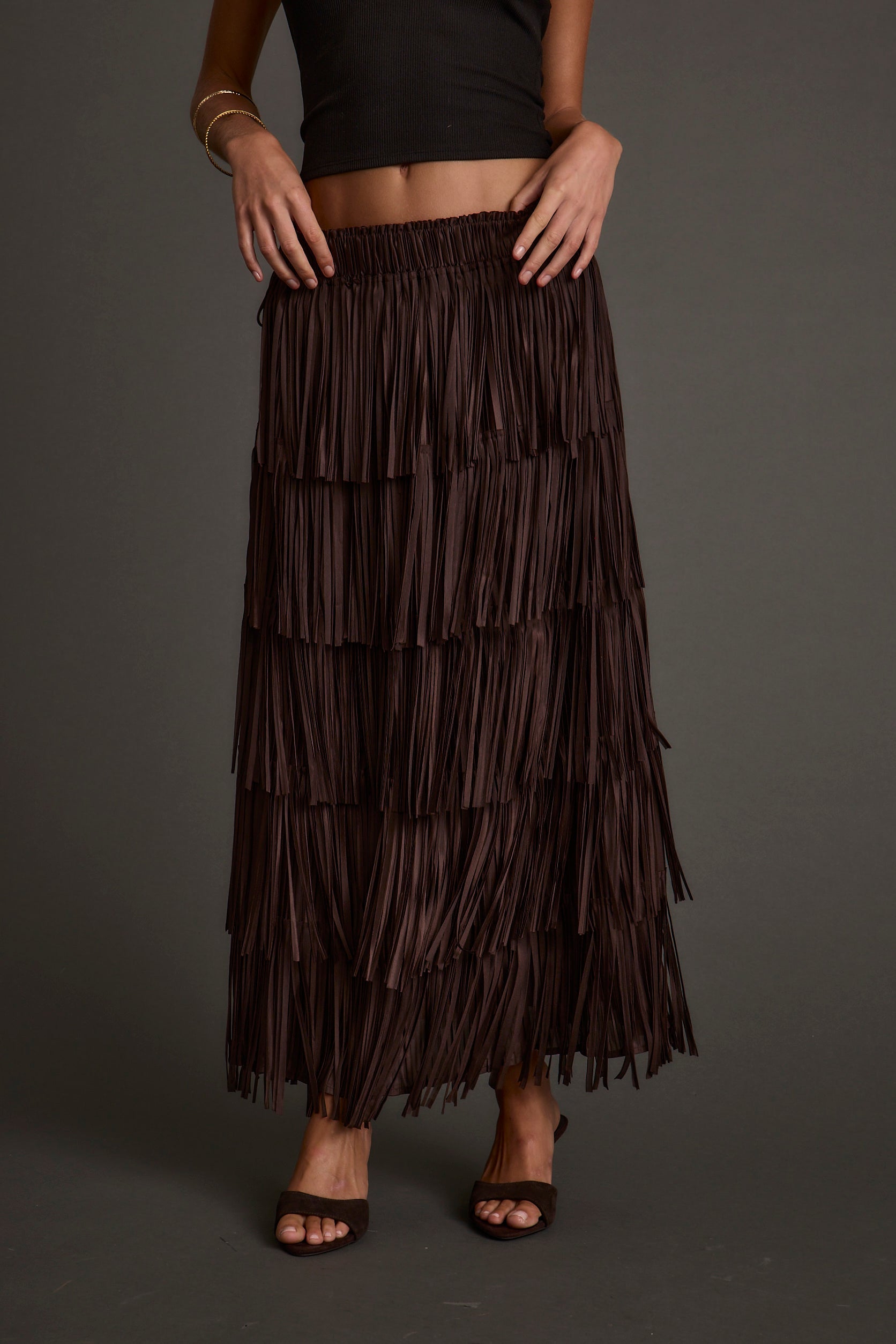 Eliza Espresso Fringe Maxi Skirt