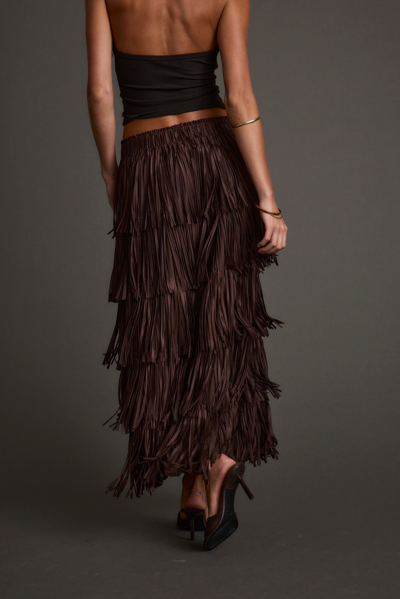 Eliza Espresso Fringe Maxi Skirt