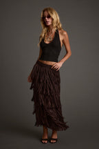 Eliza Espresso Fringe Maxi Skirt