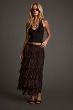 Eliza Espresso Fringe Maxi Skirt