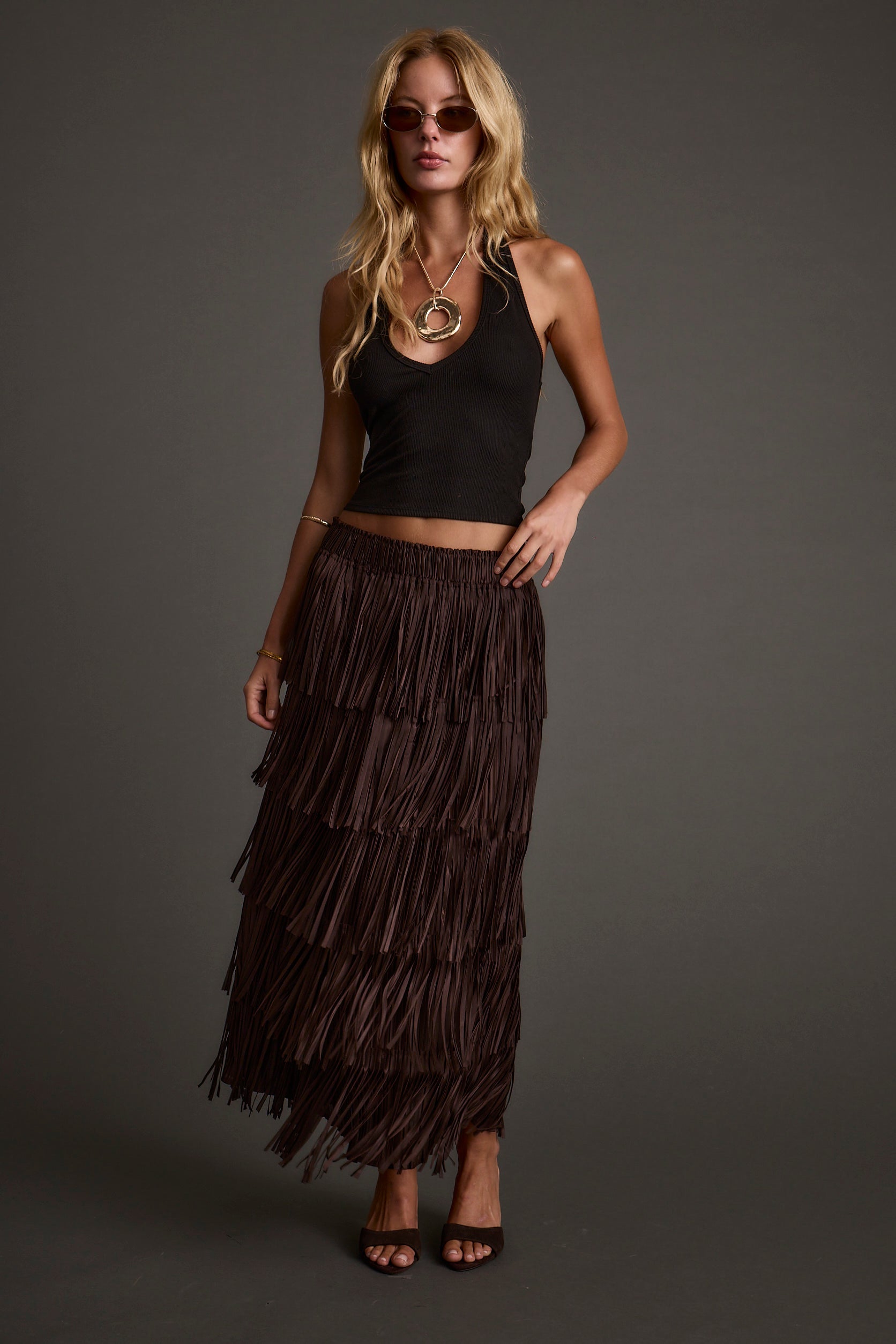 Eliza Espresso Fringe Maxi Skirt