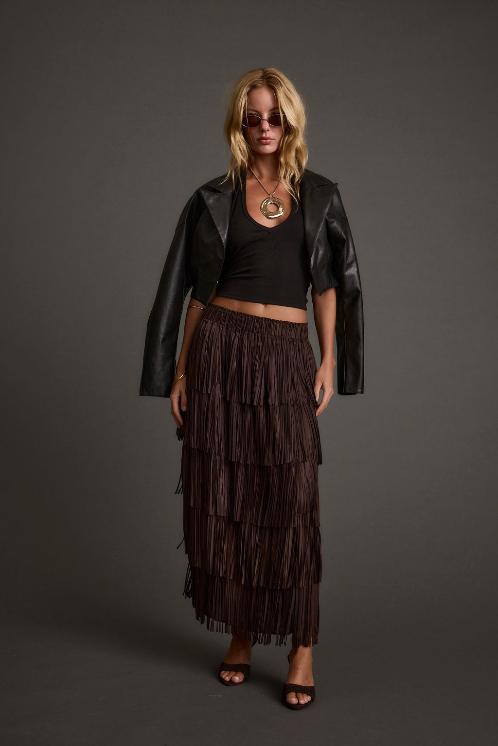Eliza Espresso Fringe Maxi Skirt