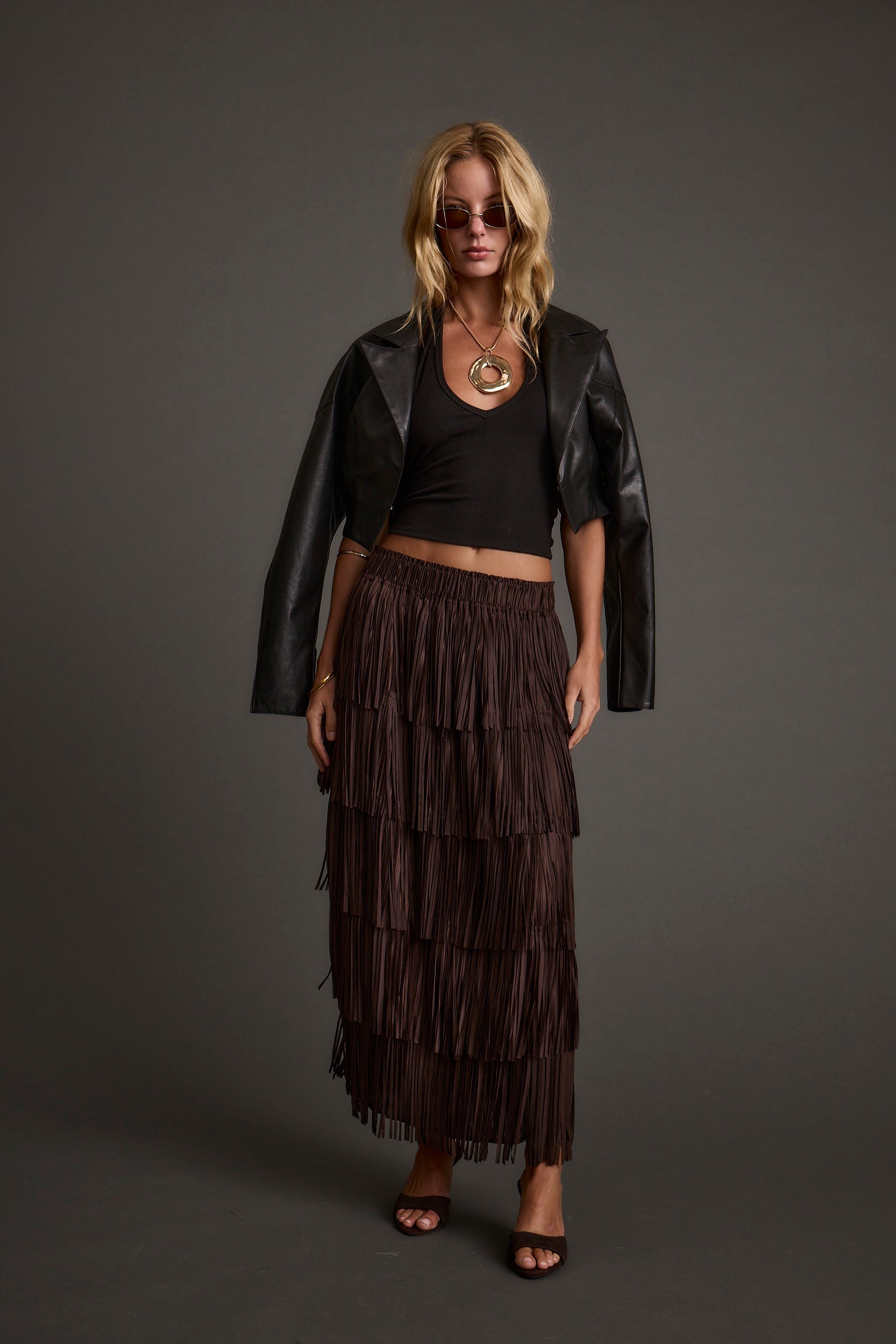 Eliza Espresso Fringe Maxi Skirt