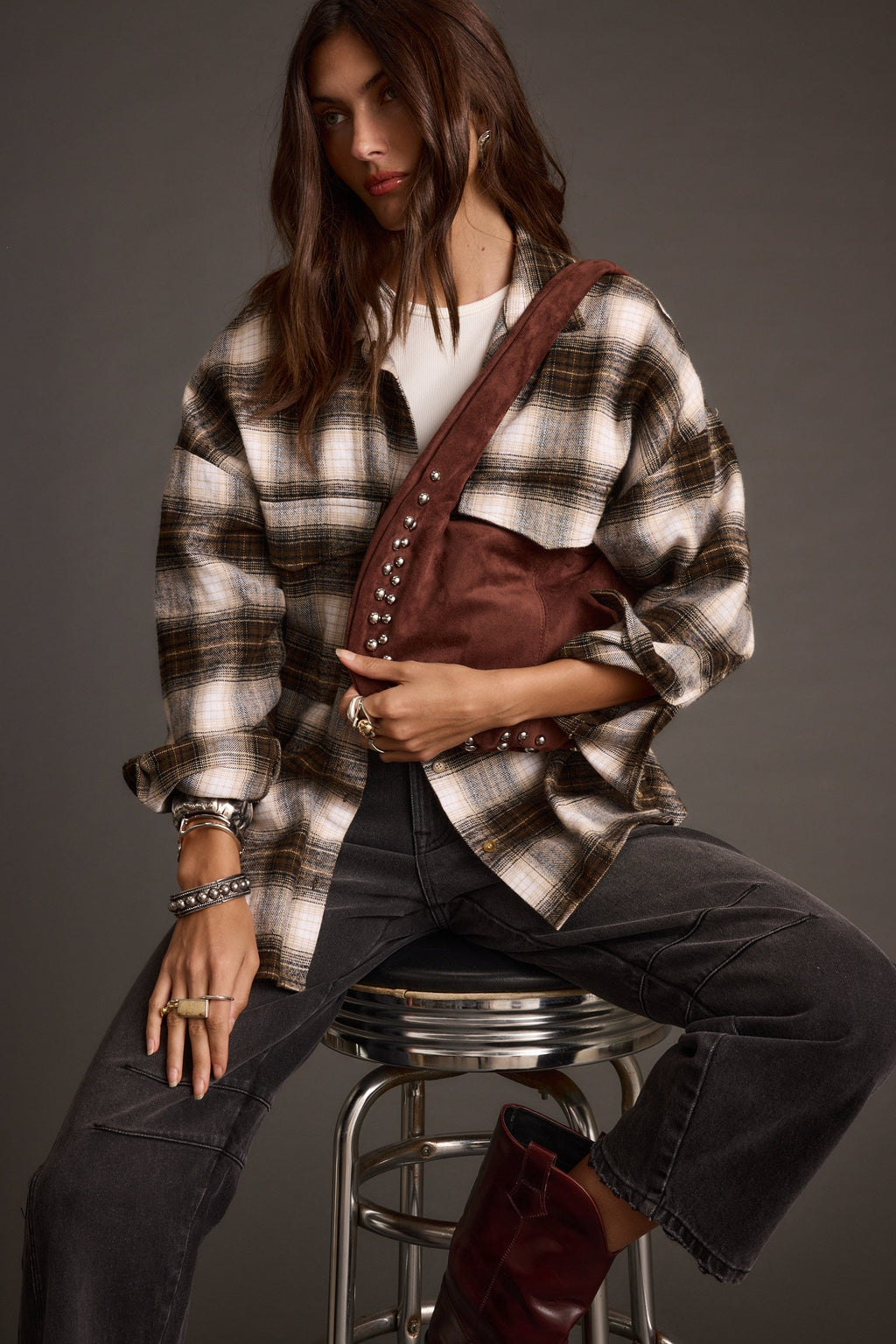 Emery Mocha Studded Faux Suede Bag