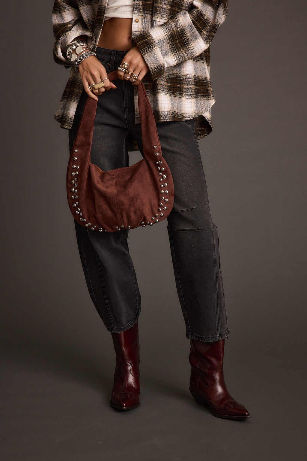 Emery Mocha Studded Faux Suede Bag