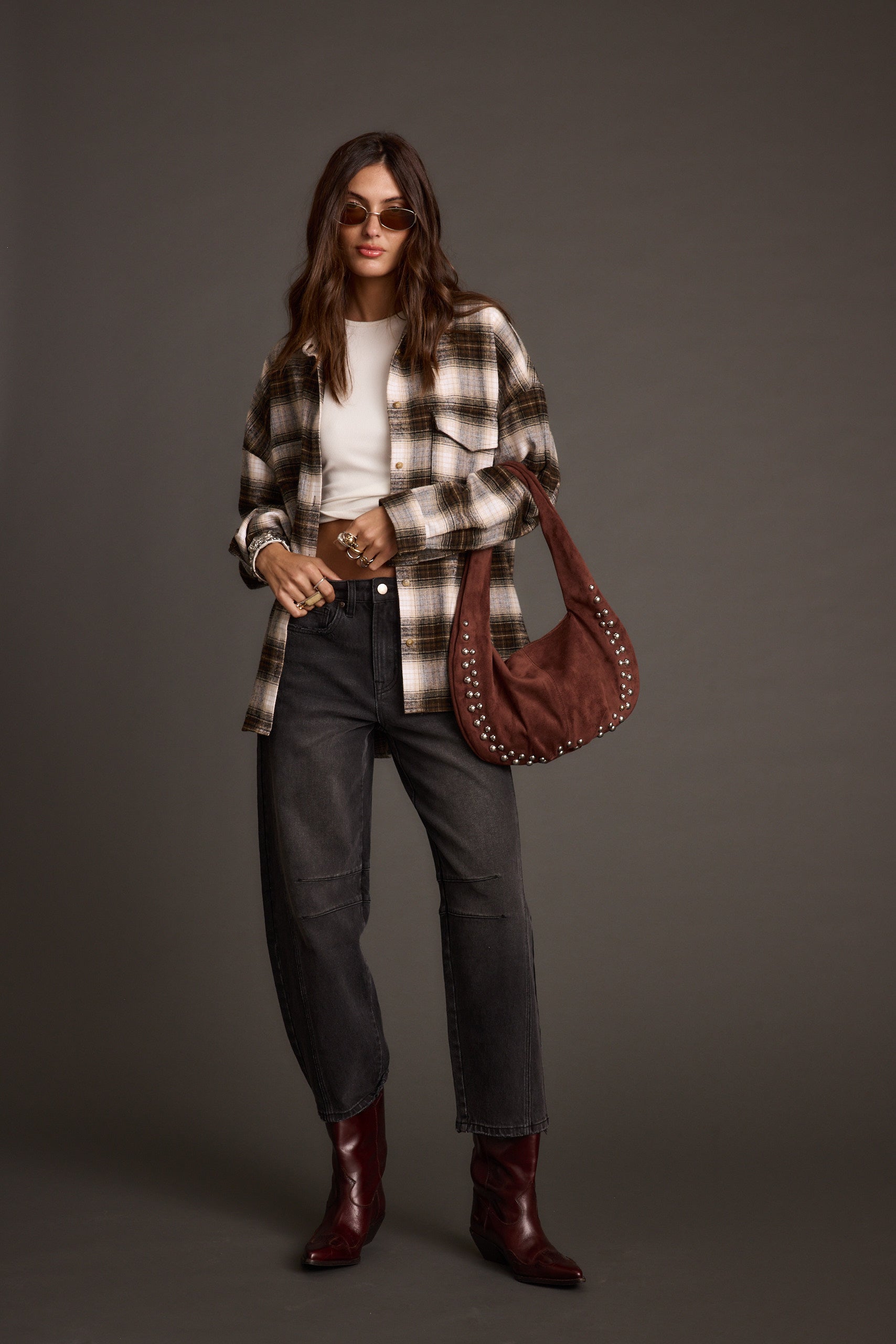 Emery Mocha Studded Faux Suede Bag