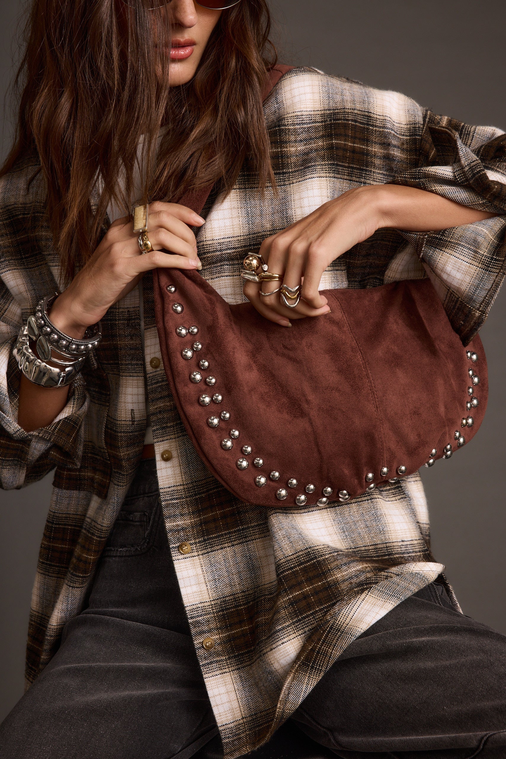 Emery Mocha Studded Faux Suede Bag