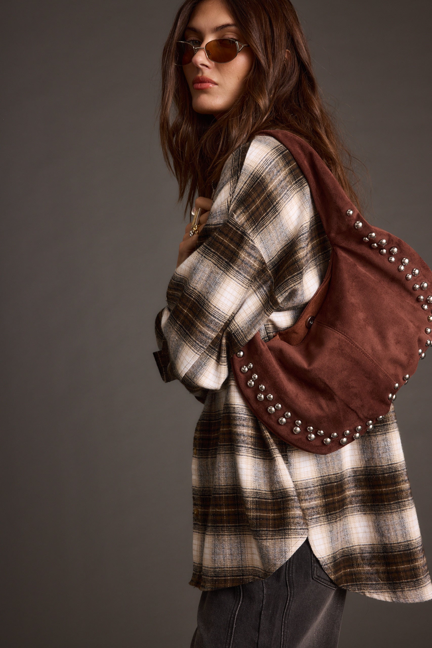 Emery Mocha Studded Faux Suede Bag