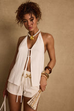 Clear Breeze White Tie Linen Top