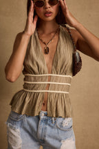 Franca Olive Striped Halter Top