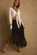 Frankie Black Satin Jacquard Fringe Midi Skirt