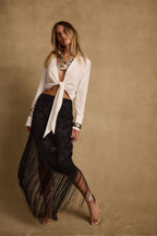 Frankie Black Satin Jacquard Fringe Midi Skirt