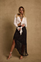 Frankie Black Satin Jacquard Fringe Midi Skirt