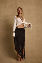 Frankie Black Satin Jacquard Fringe Midi Skirt