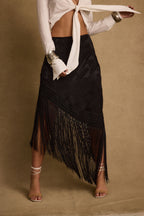 Frankie Black Satin Jacquard Fringe Midi Skirt