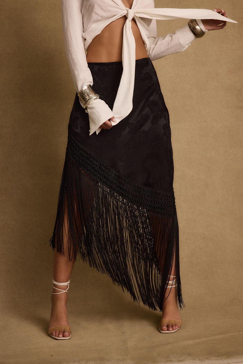 Frankie Black Satin Jacquard Fringe Midi Skirt