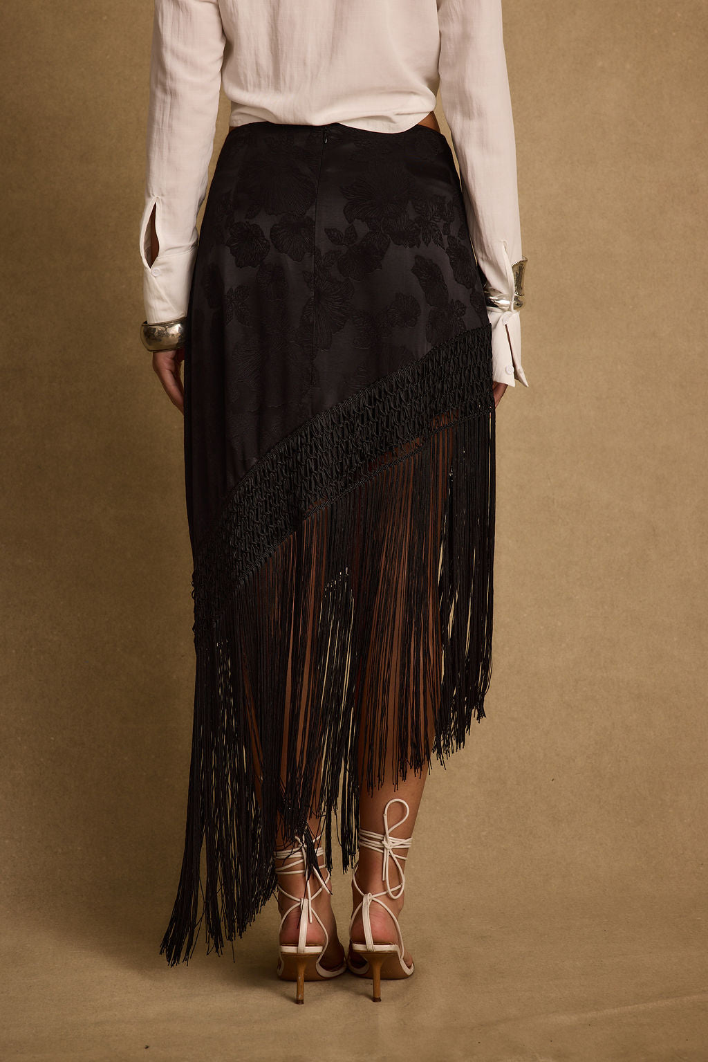 Frankie Black Satin Jacquard Fringe Midi Skirt