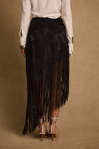 Frankie Black Satin Jacquard Fringe Midi Skirt
