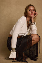 Frankie Black Satin Jacquard Fringe Midi Skirt