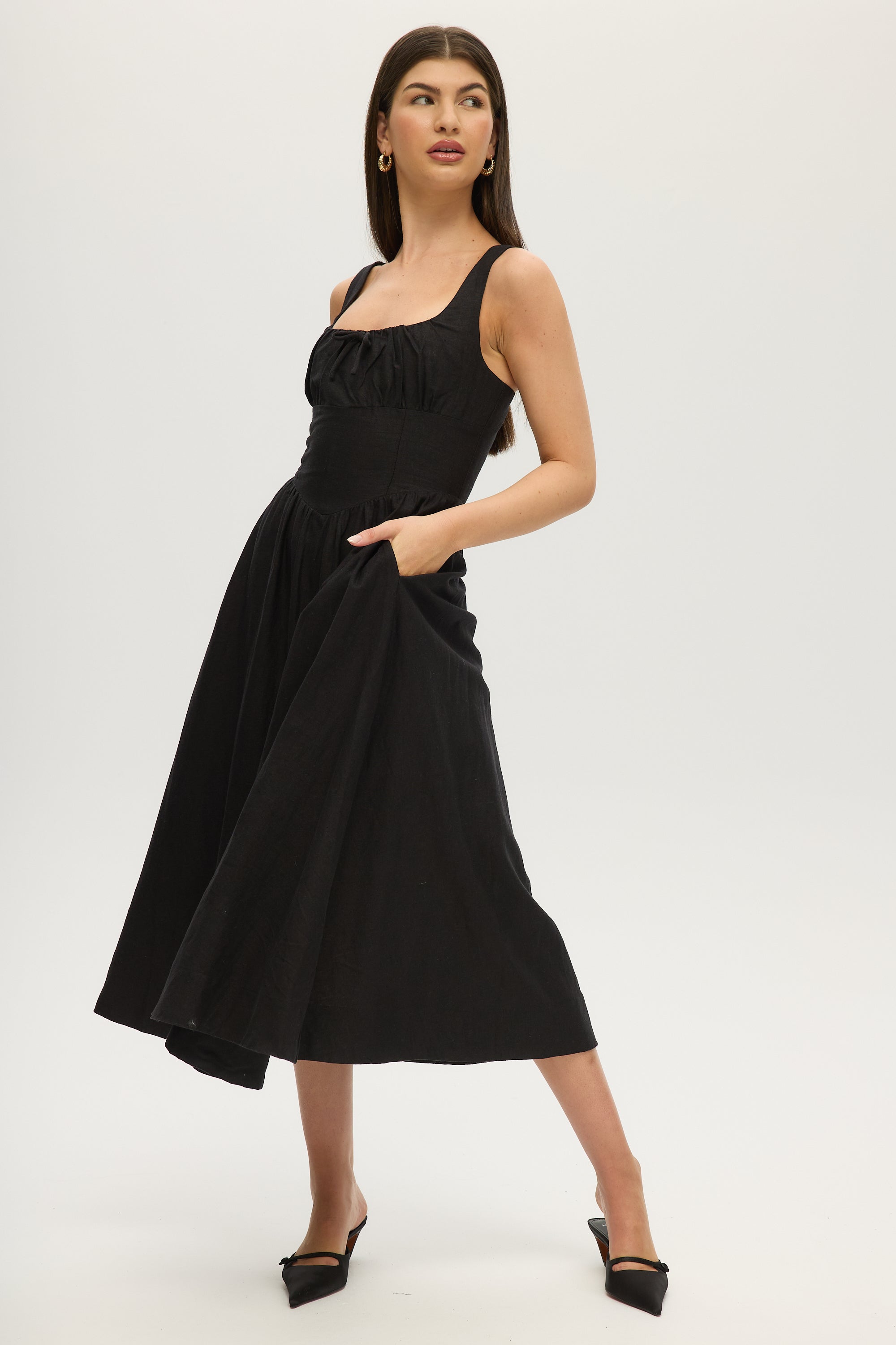BLACK LINEN FITTED MIDI DRESS