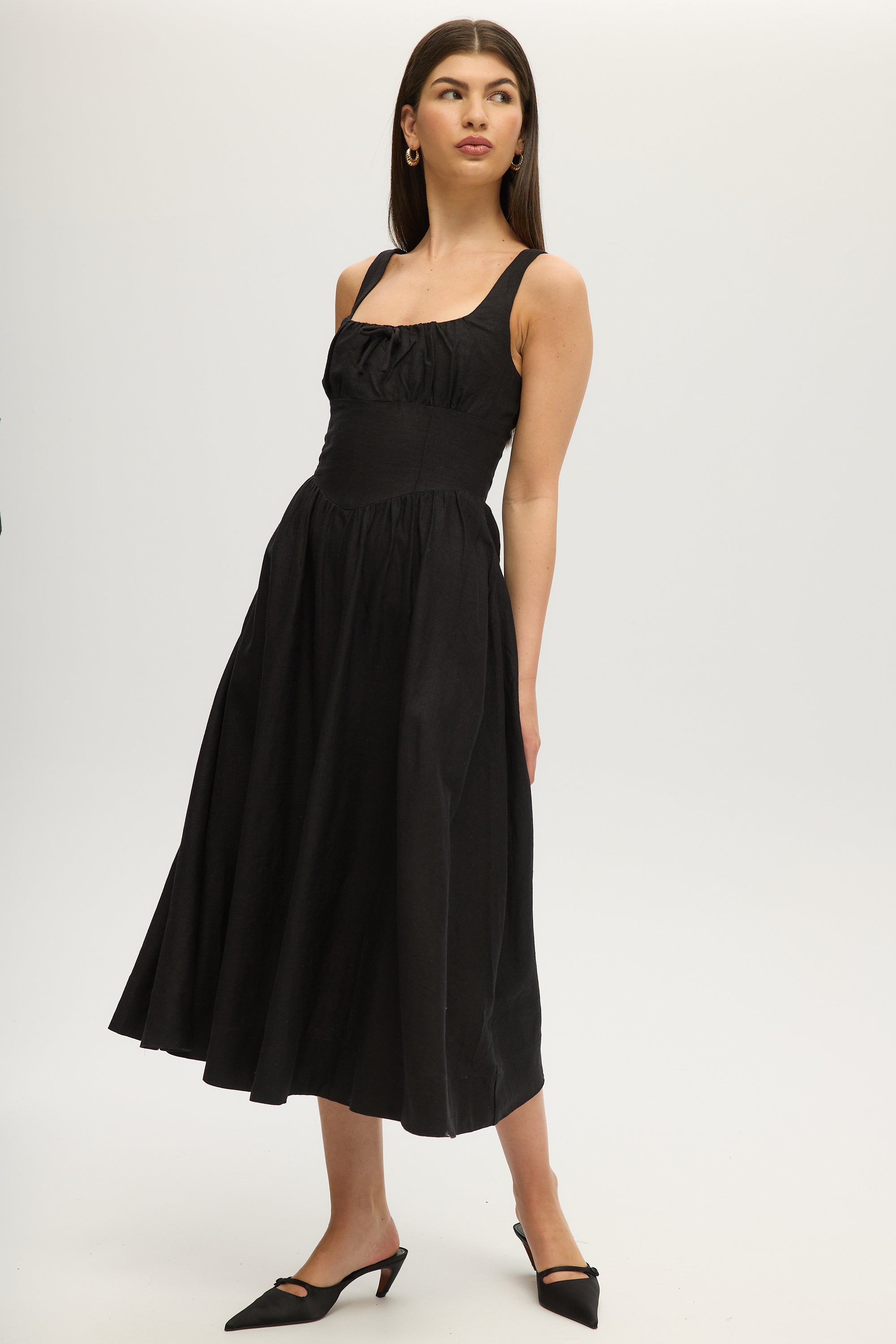 BLACK LINEN FITTED MIDI DRESS