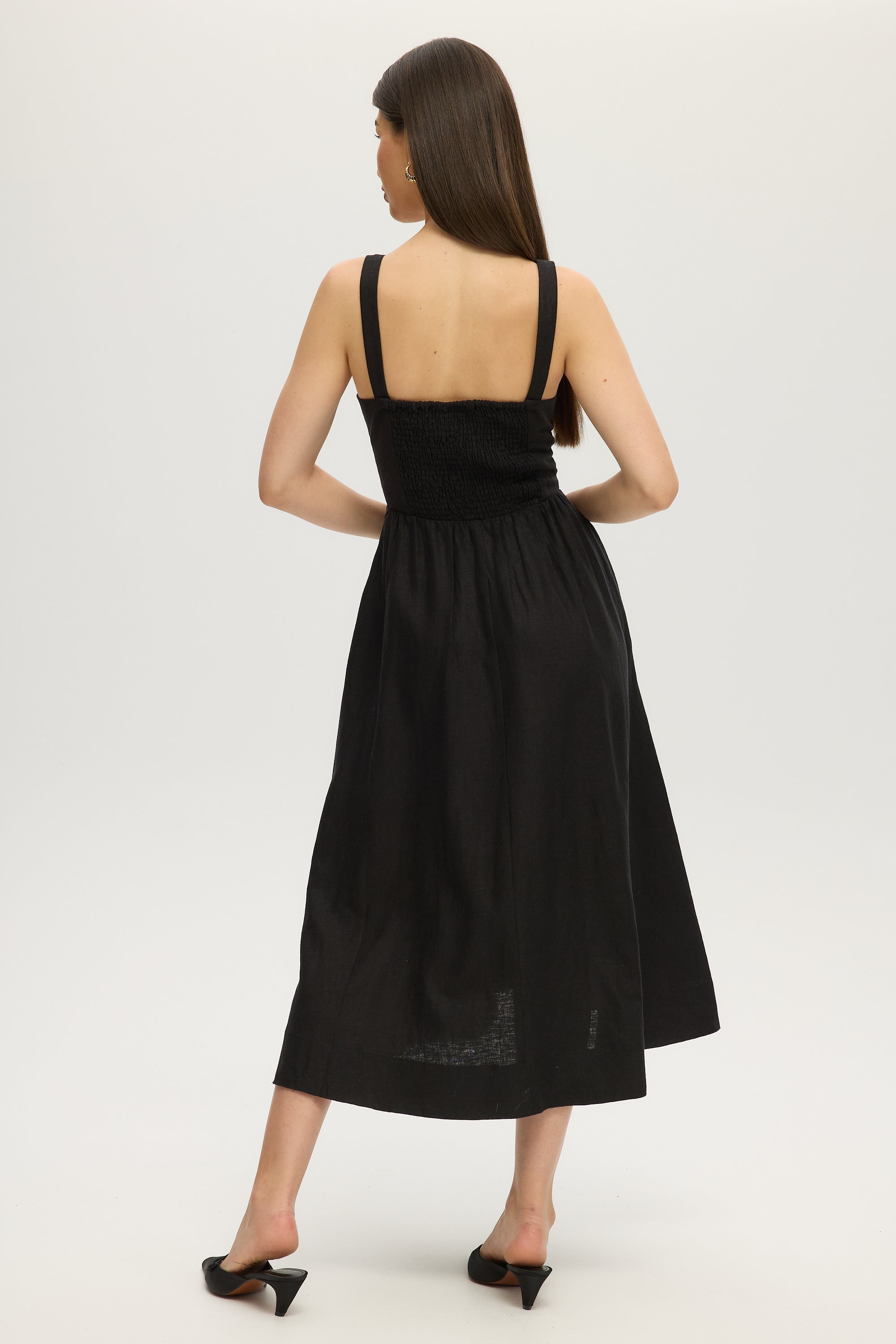 BLACK LINEN FITTED MIDI DRESS