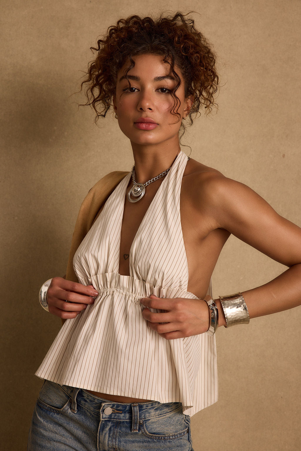 Heda Beige Striped Halter Top