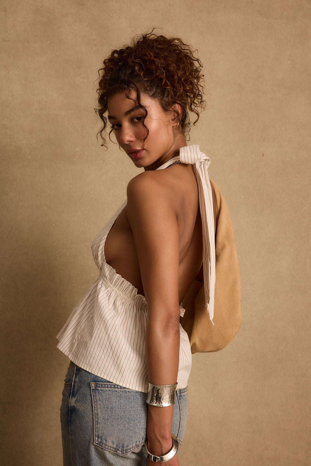 Heda Beige Striped Halter Top