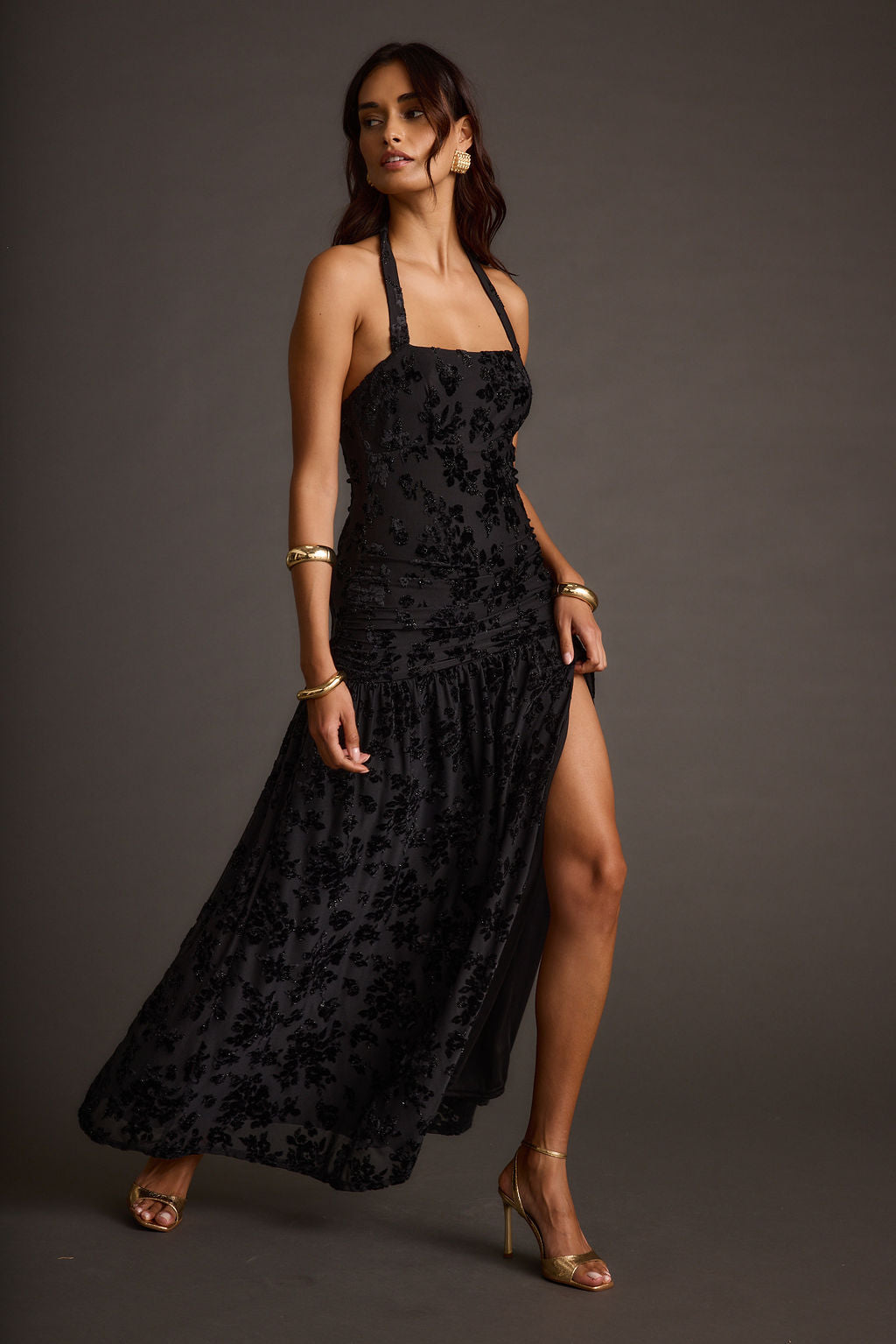 Hollow Black Burnout Halter Maxi Dress