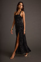 Hollow Black Burnout Halter Maxi Dress