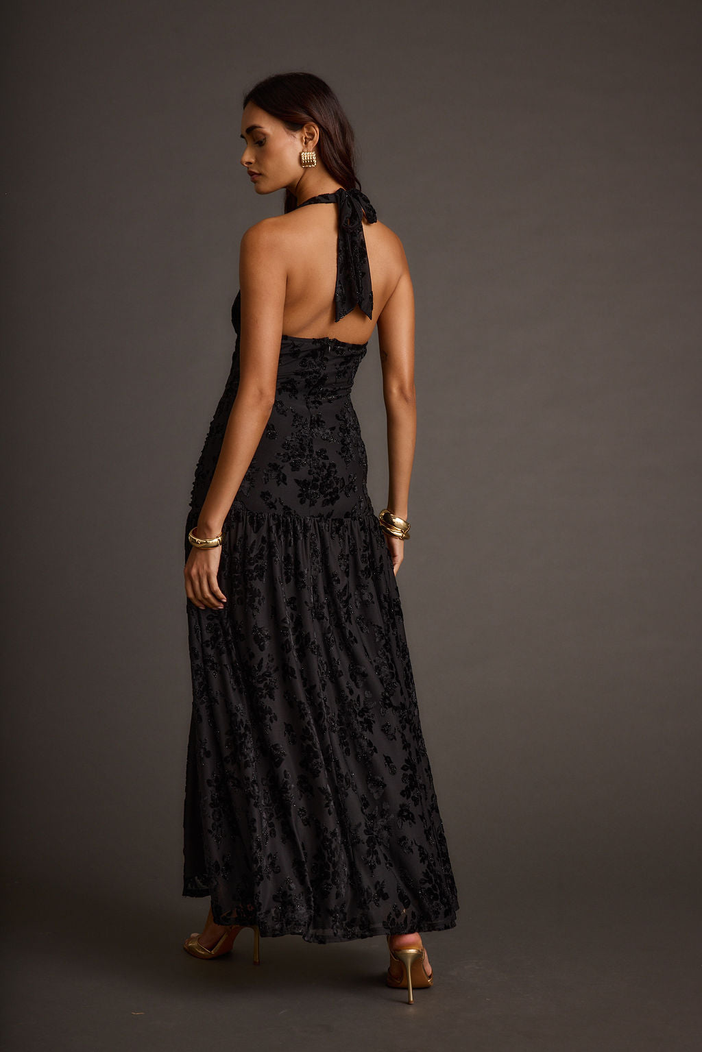 Hollow Black Burnout Halter Maxi Dress