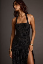 Hollow Black Burnout Halter Maxi Dress