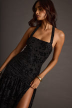 Hollow Black Burnout Halter Maxi Dress