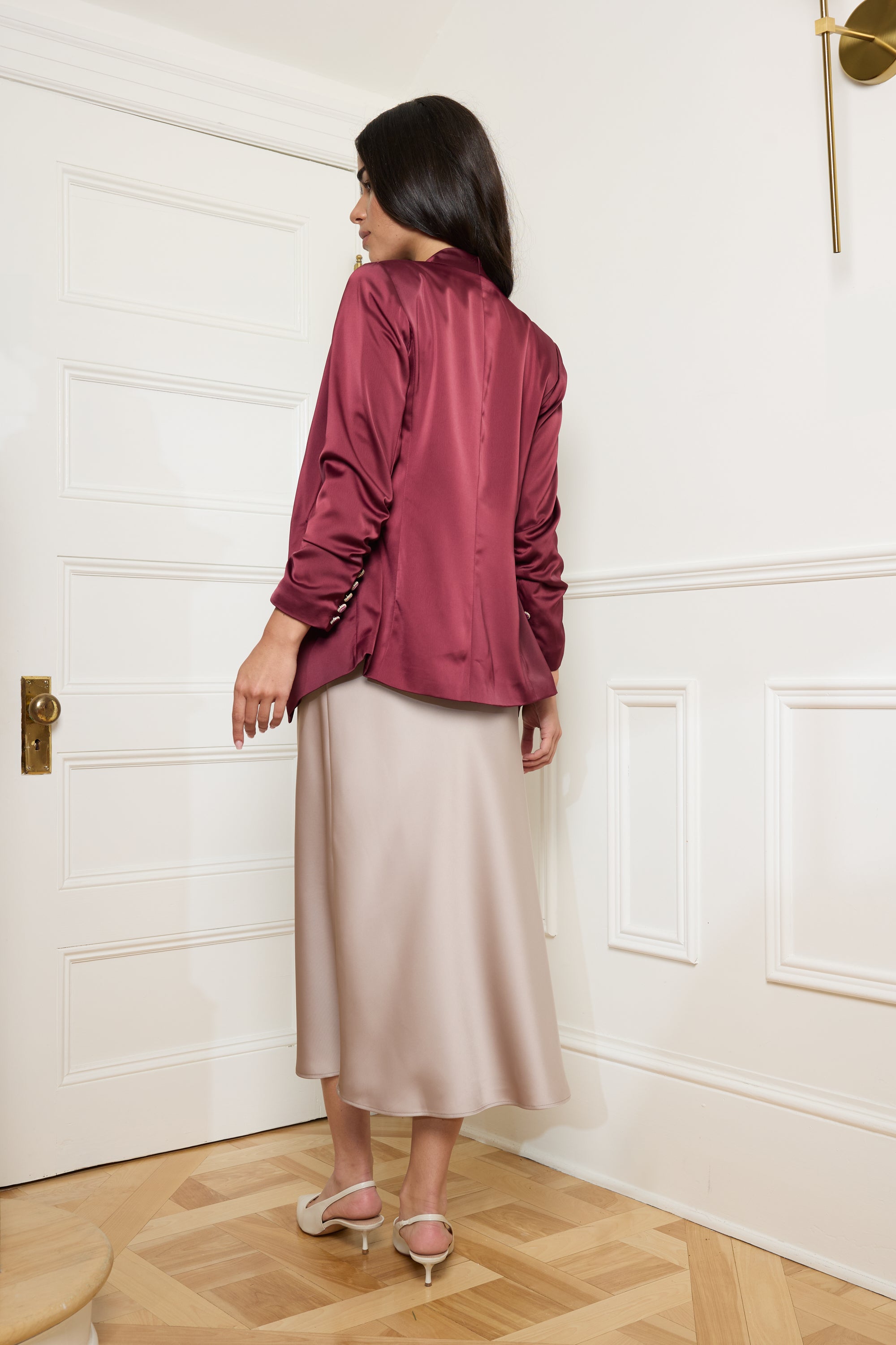 Burgundy Classic-Fit 3/4 Sleeve Satin Blazer