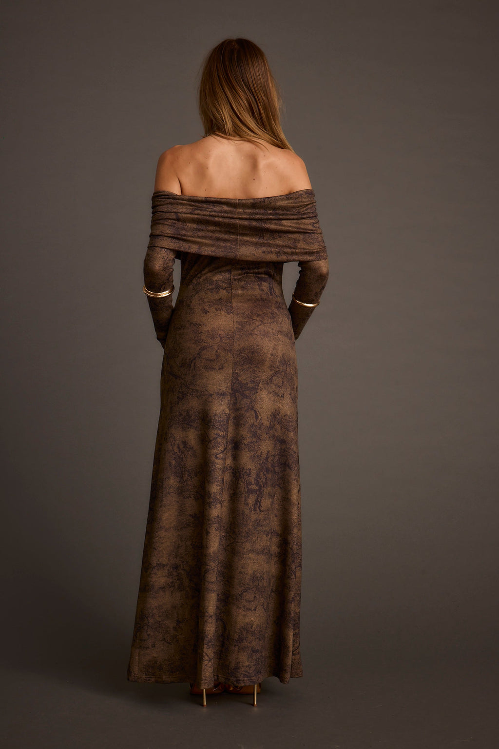 Hollis Mocha Blur Off the Shoulder Maxi Dress