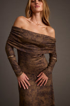 Hollis Mocha Blur Off the Shoulder Maxi Dress