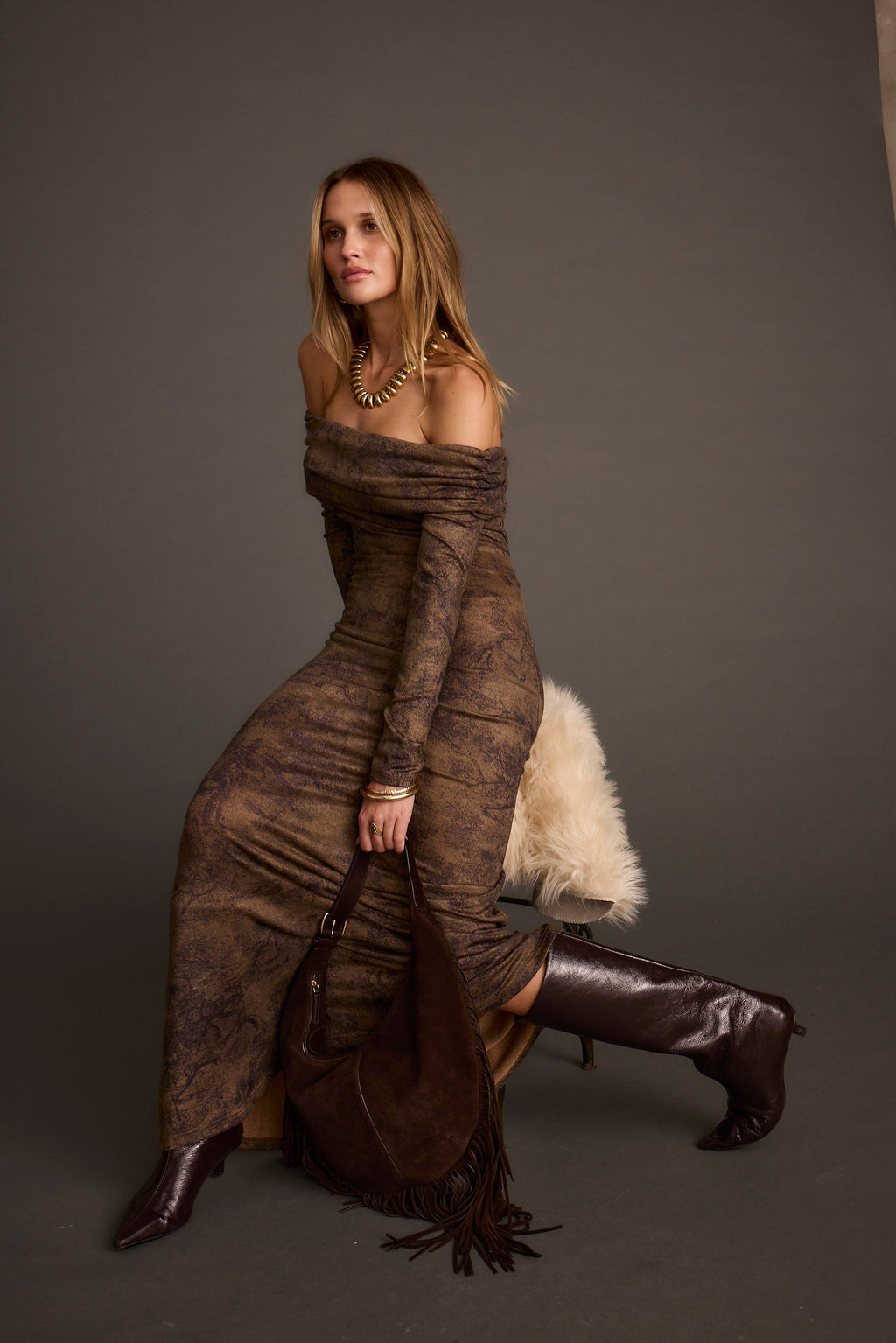 Hollis Mocha Blur Off the Shoulder Maxi Dress