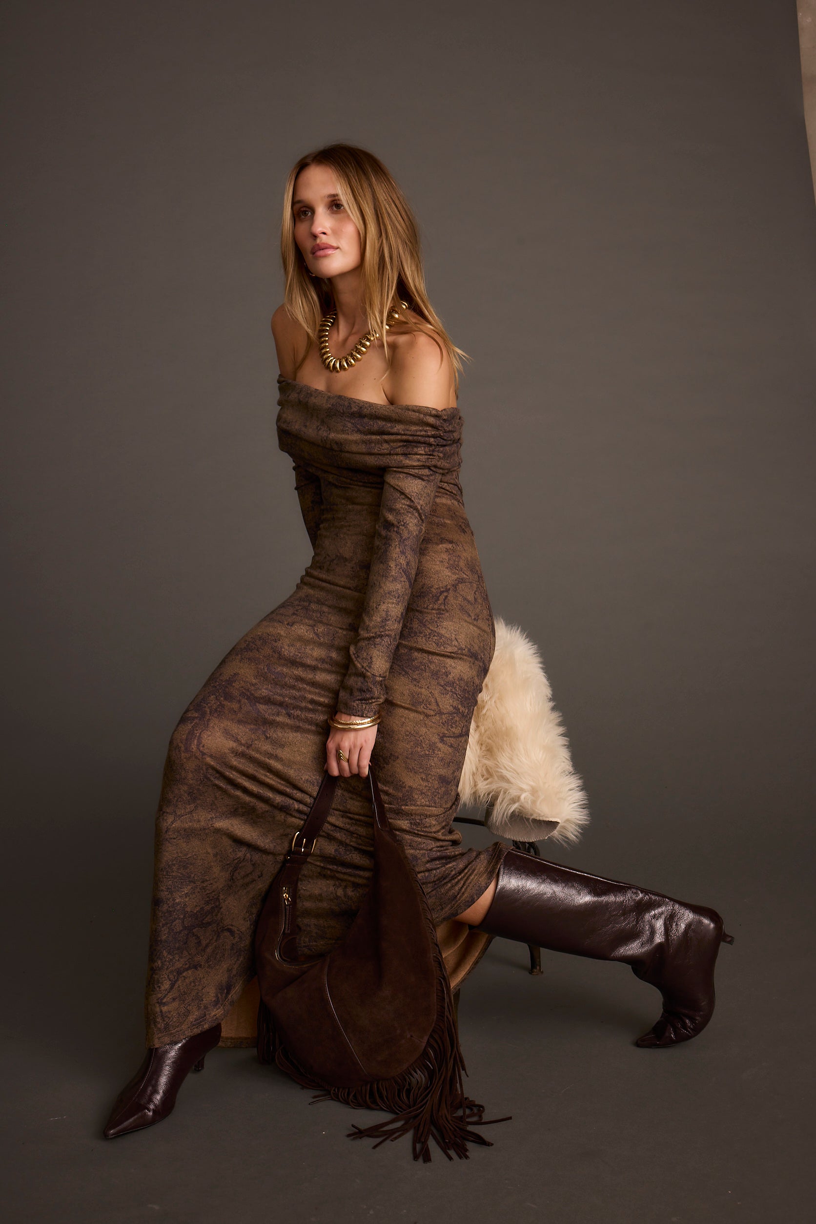 Hollis Mocha Blur Off the Shoulder Maxi Dress