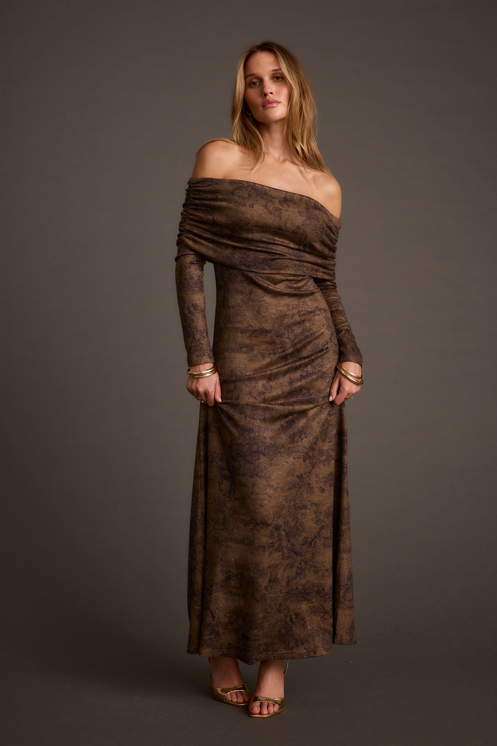 Hollis Mocha Blur Off the Shoulder Maxi Dress