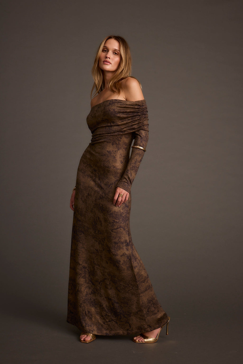 Hollis Mocha Blur Off the Shoulder Maxi Dress