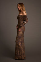 Hollis Mocha Blur Off the Shoulder Maxi Dress
