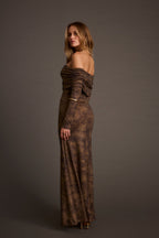 Hollis Mocha Blur Off the Shoulder Maxi Dress