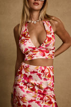 Joelle Pink Floral Halter Crop Top