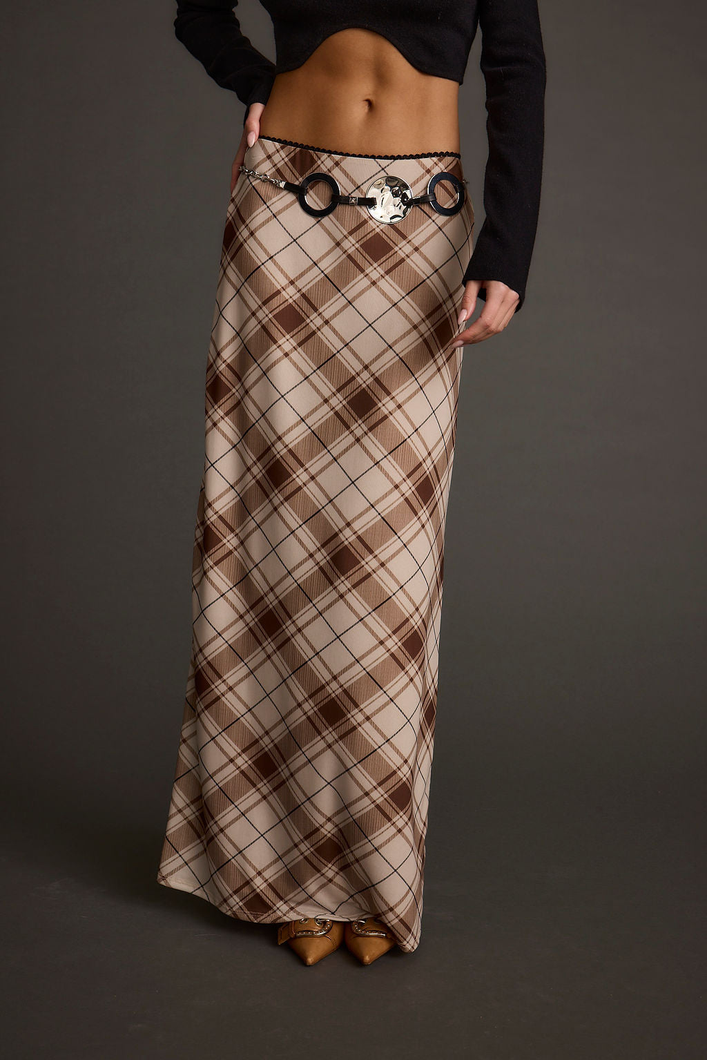Julia Brown Plaid Mesh Maxi Skirt