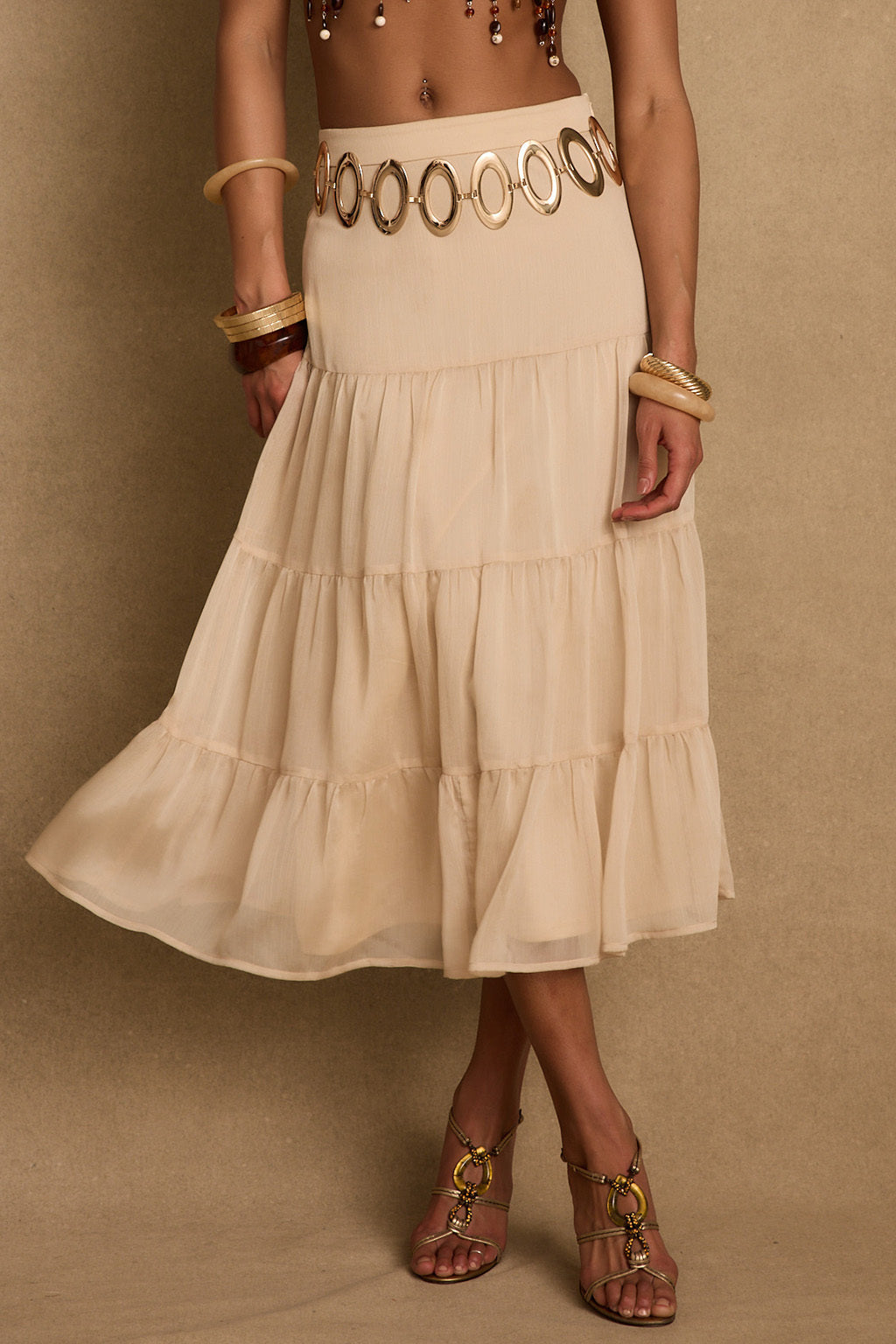 Jolene Beige Tulle Tier Maxi Skirt