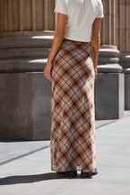 Julia Brown Plaid Mesh Maxi Skirt
