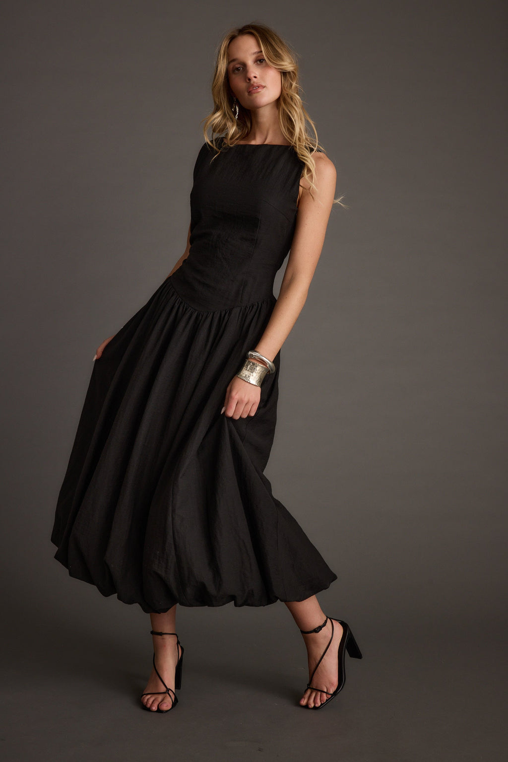 Kate Black Drop Waist Bubble Hem Midi Dress