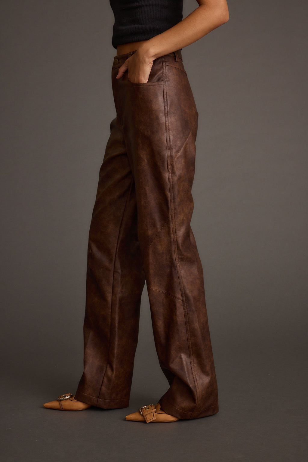 Kingsley Washed Brown Vegan Leather Straight Leg Pants